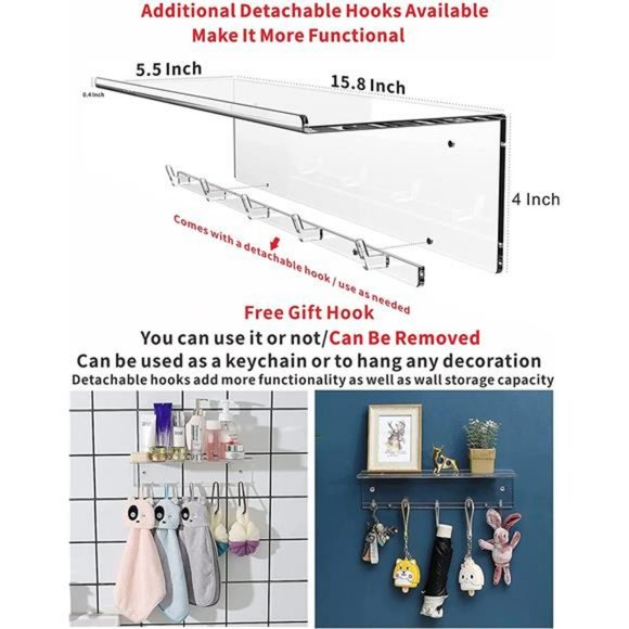 15.8" Acrylic Floating Wall Ledge Shelf, Wall Mounted,  5MM Thick, Set of 2 - Picture 4 of 6
